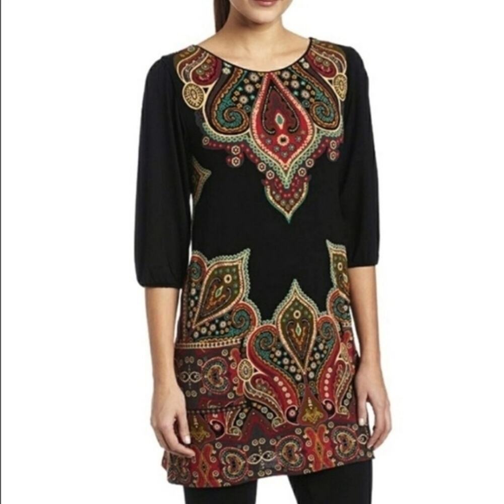 Cha Cha Vente Black Mini Dress With Bold Print Boho Sz M #944